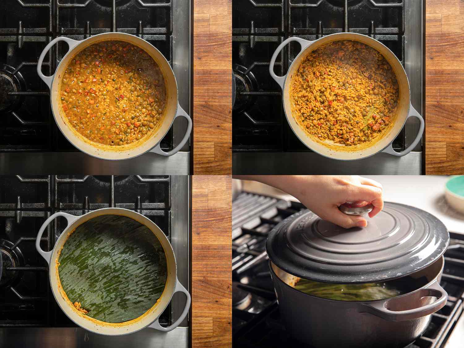 Four image collage of peas and rice mixture boiling in pot, most of the liquid absorbed, a banana leaf covering the pot, and placing a lid. on the pot