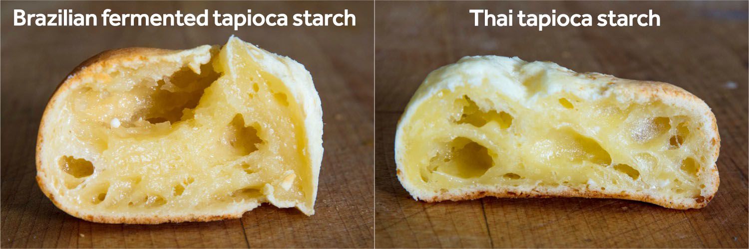 side-by-side comparison of cheesy bread made with fermented tapioca starch and unfermented tapioca starch