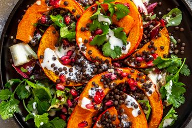 Roasted squash salad with pomegranate lentils and fresh greens