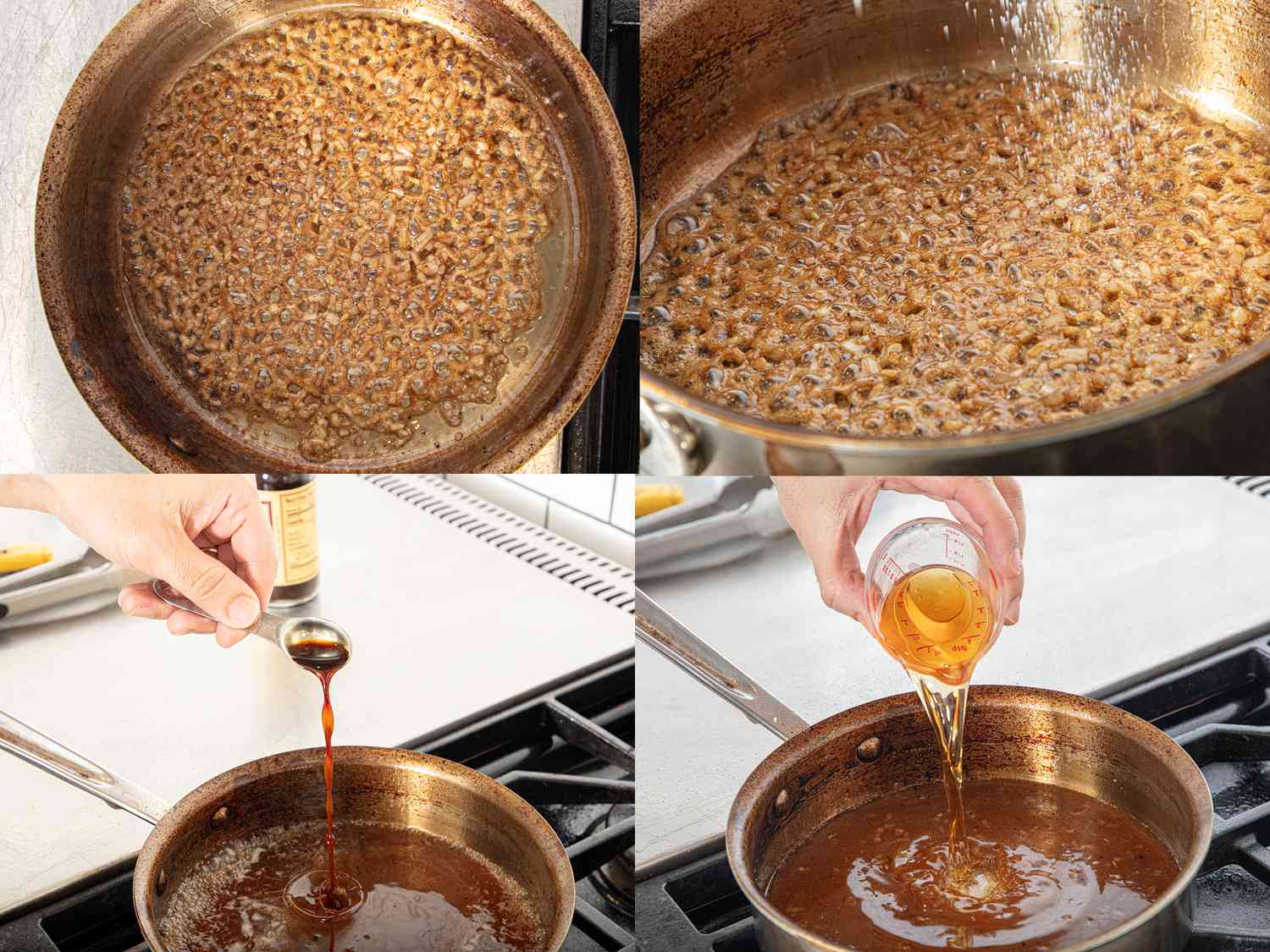 Four image collage of building sauce