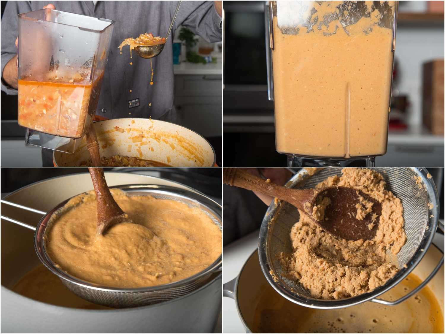 A 4-image collage: transferring bouillabaisse broth to a blender and blended until smooth, and straining through a fine-mesh strainer.