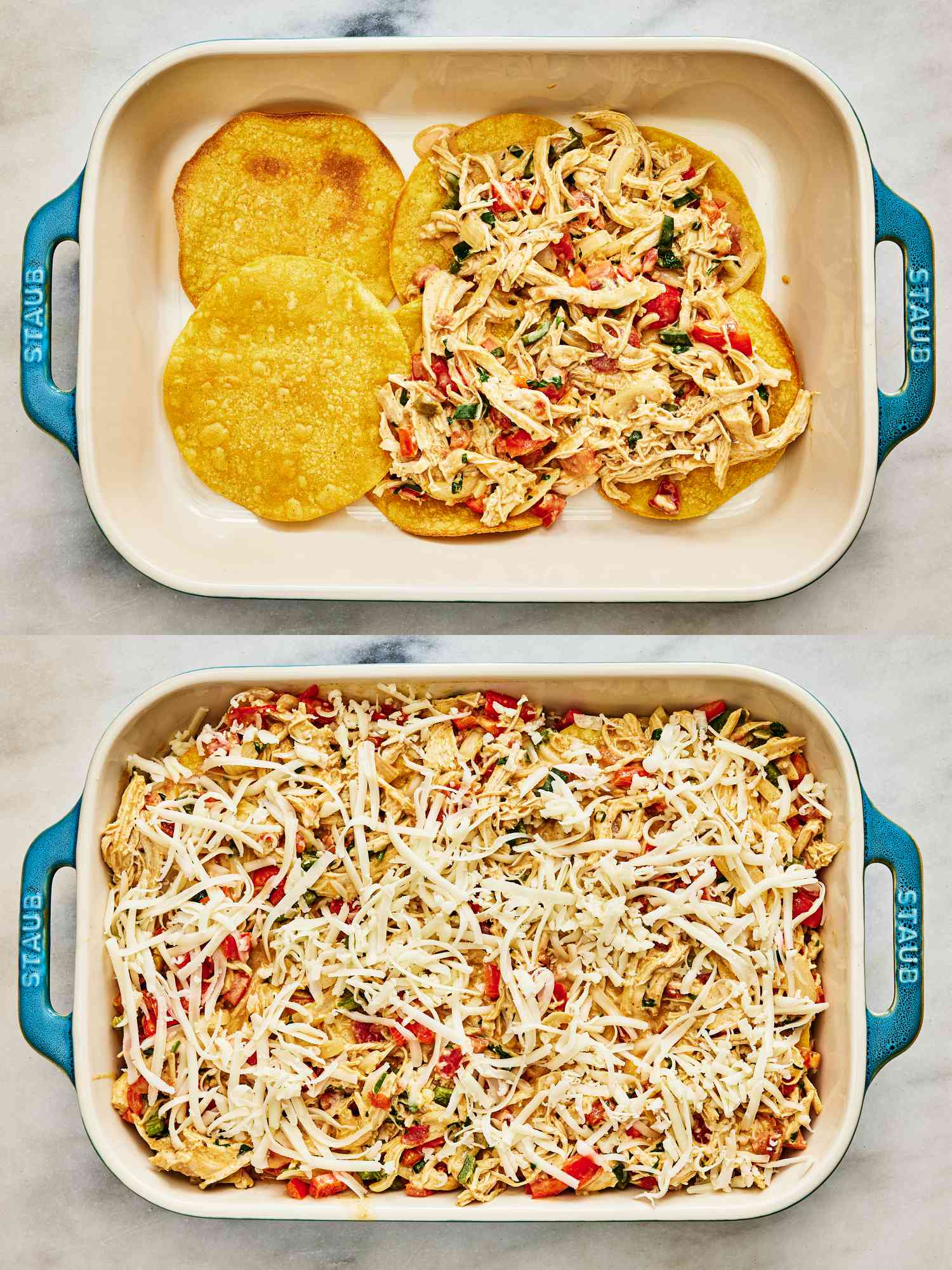 Two image Collage. Top: casserole dish with baked tortillas on it, and halfway topped with chicken veggie mixture. Bottom: Casserole dish with chicken and veggie mixture, and topped with shredded cheese. 