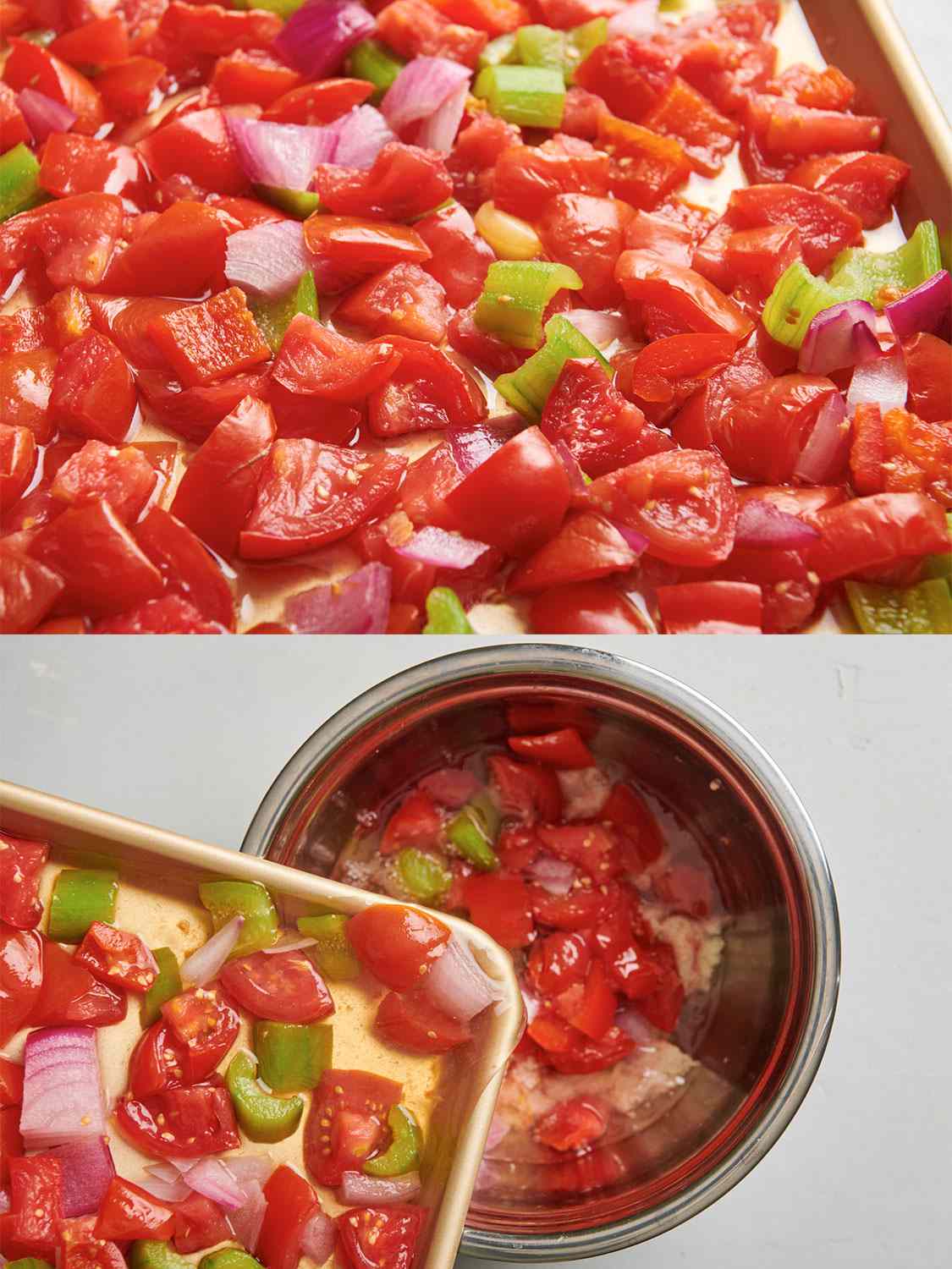 A two-image collage. The top image shows the vegetables, now mostly-thawed, on a rimmed baking sheet. The bottom image shows the vegetables and all of their juices transferred to a bowl with the soaked bread.