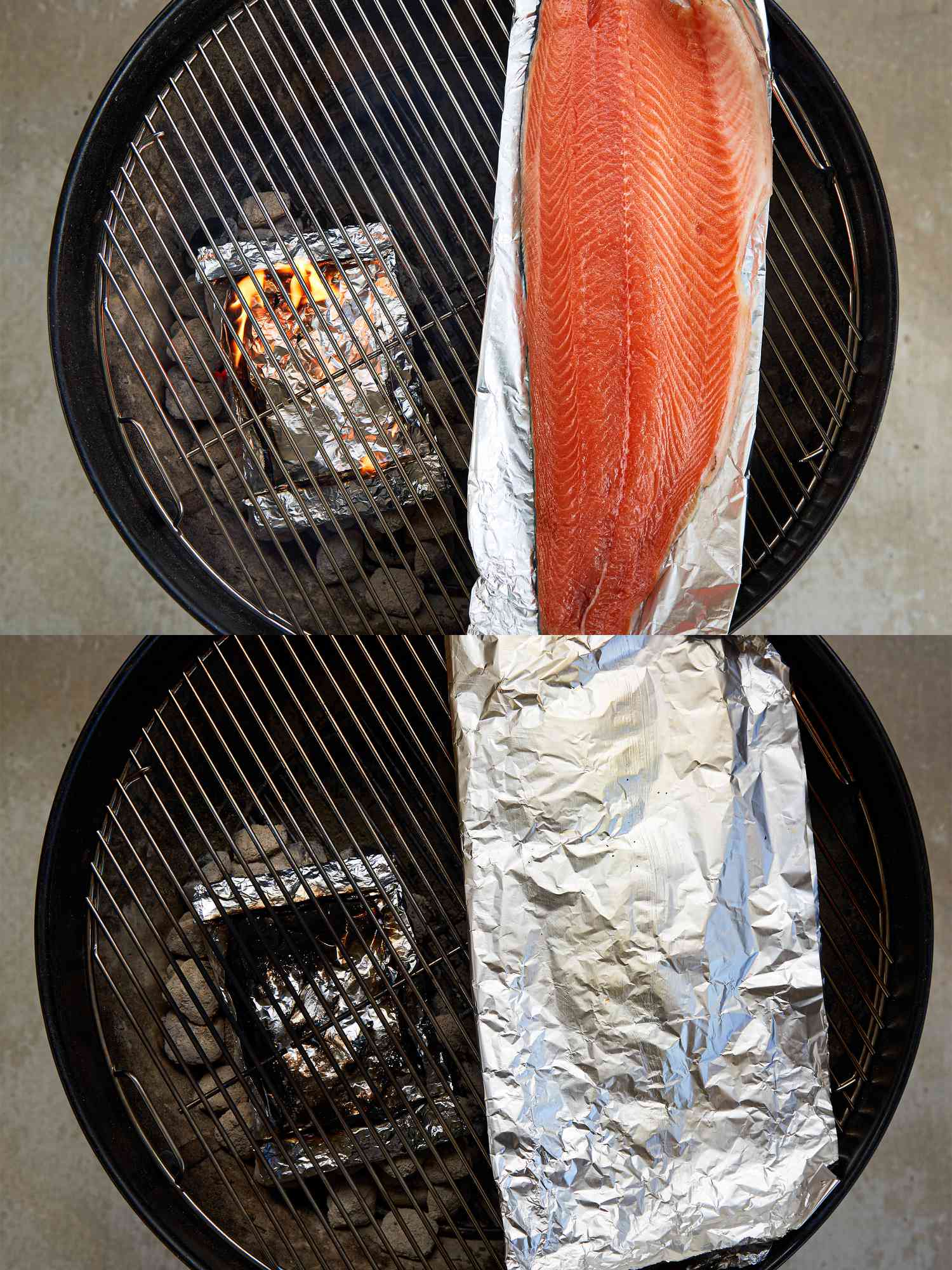 Two image collage of salmon on grill
