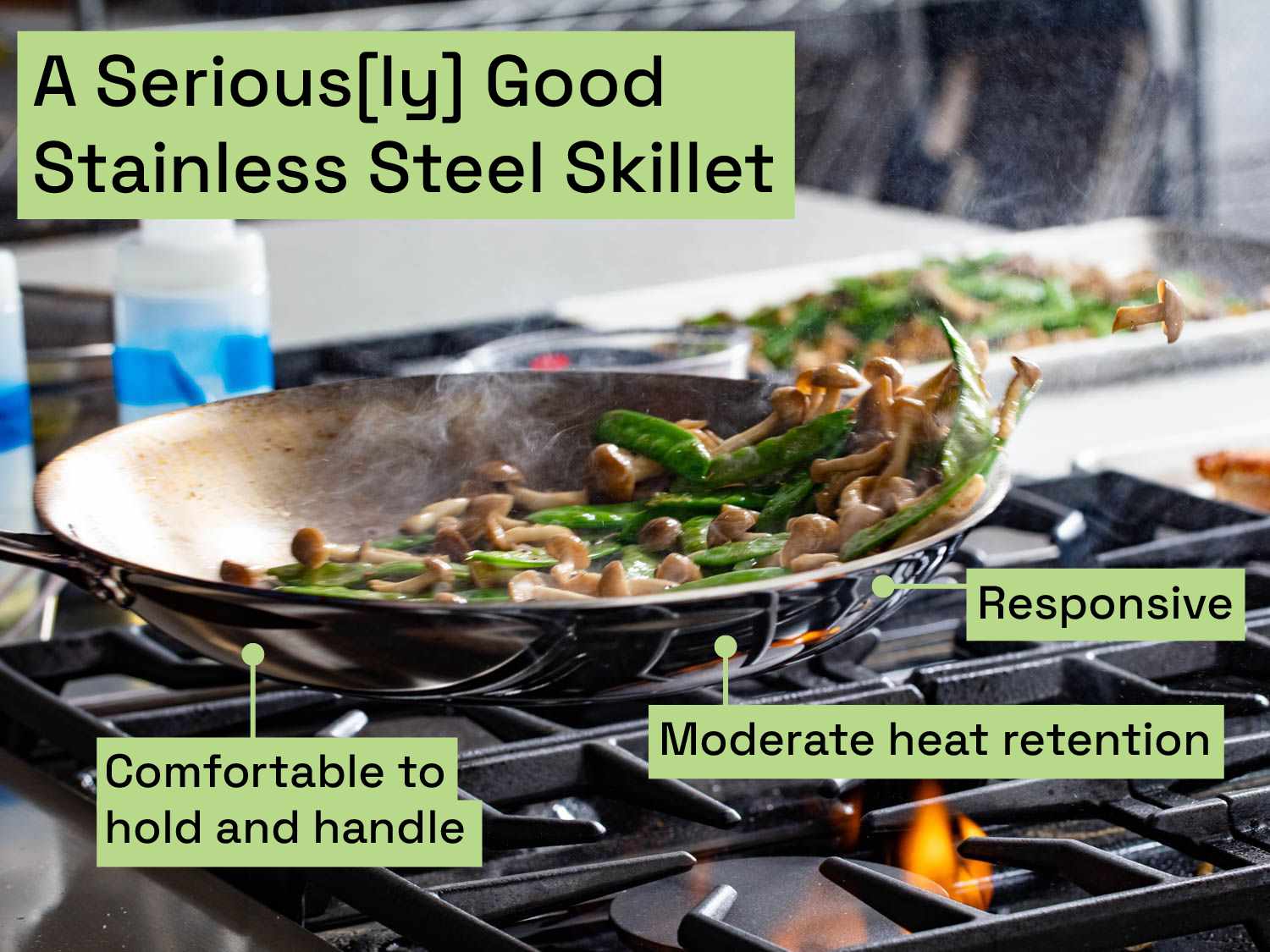 A stainless steel skillet being used to sauté peas and mushrooms