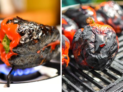Two images: A red pepper being roasted over a gas stovetop burner; red peppers getting charred and smoky on a grill.