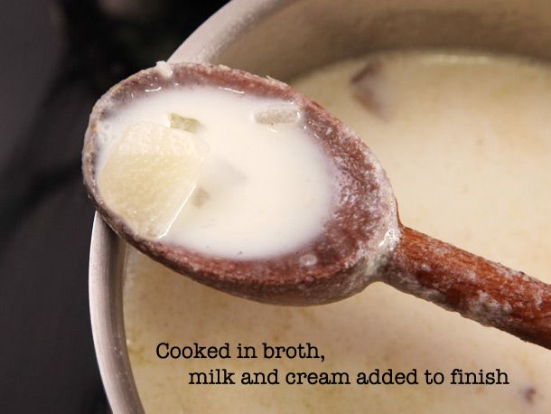Thin texture of chowder cooked in broth, finished with milk and cream.