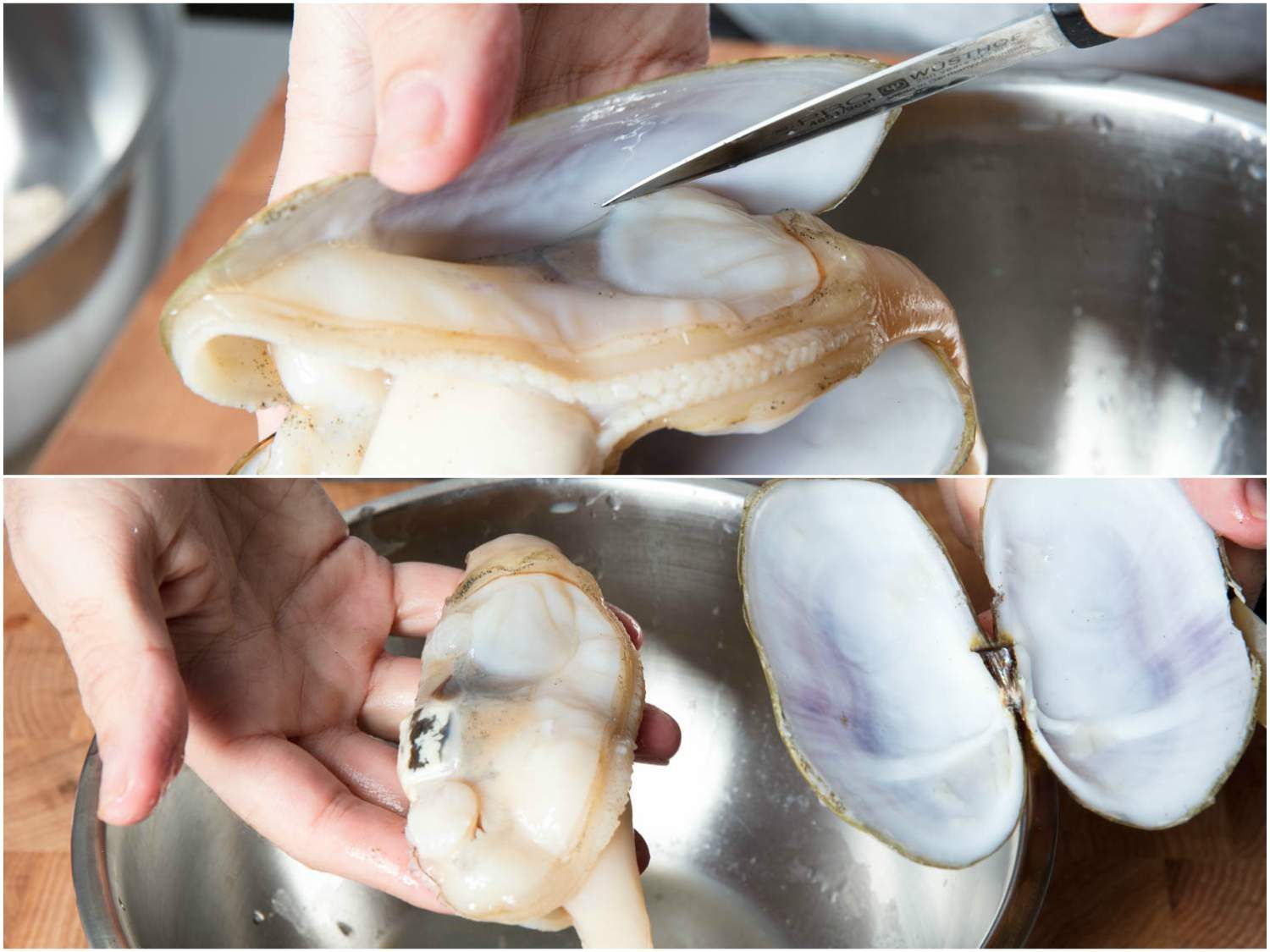 Collage of removing the razor clam from its shell: sliding a paring knife along shell to remove clam, freed whole clam in hand.