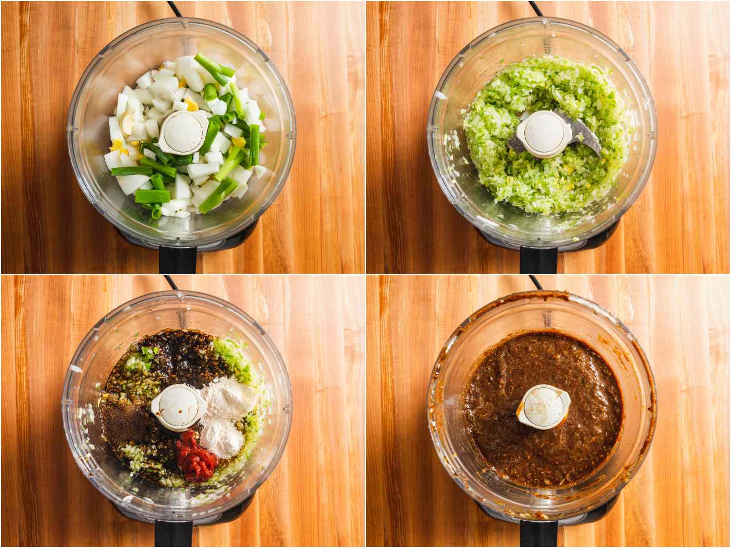 Collage showing the stages of making marinade for grilled chicken thighs in a food processor.