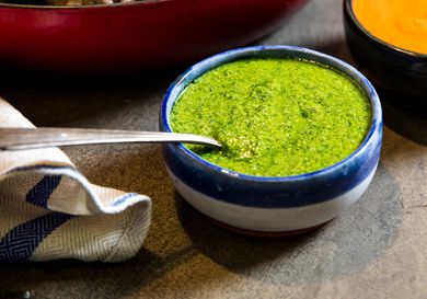 A small bowl of Italian salsa verde. 
