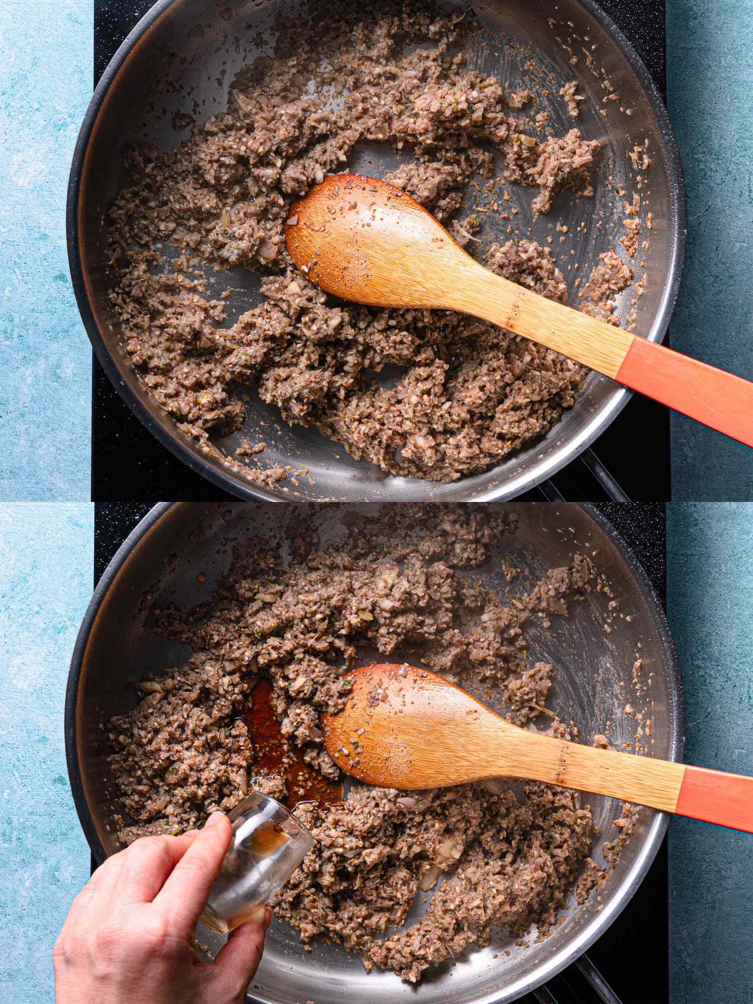 Two images showing ground meat being cooked in a skillet with a wooden spoon stirring and a hand pouring liquid in the second frame