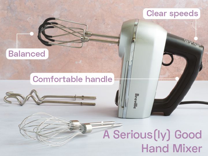 A Breville hand mixer on a kitchen countertop.