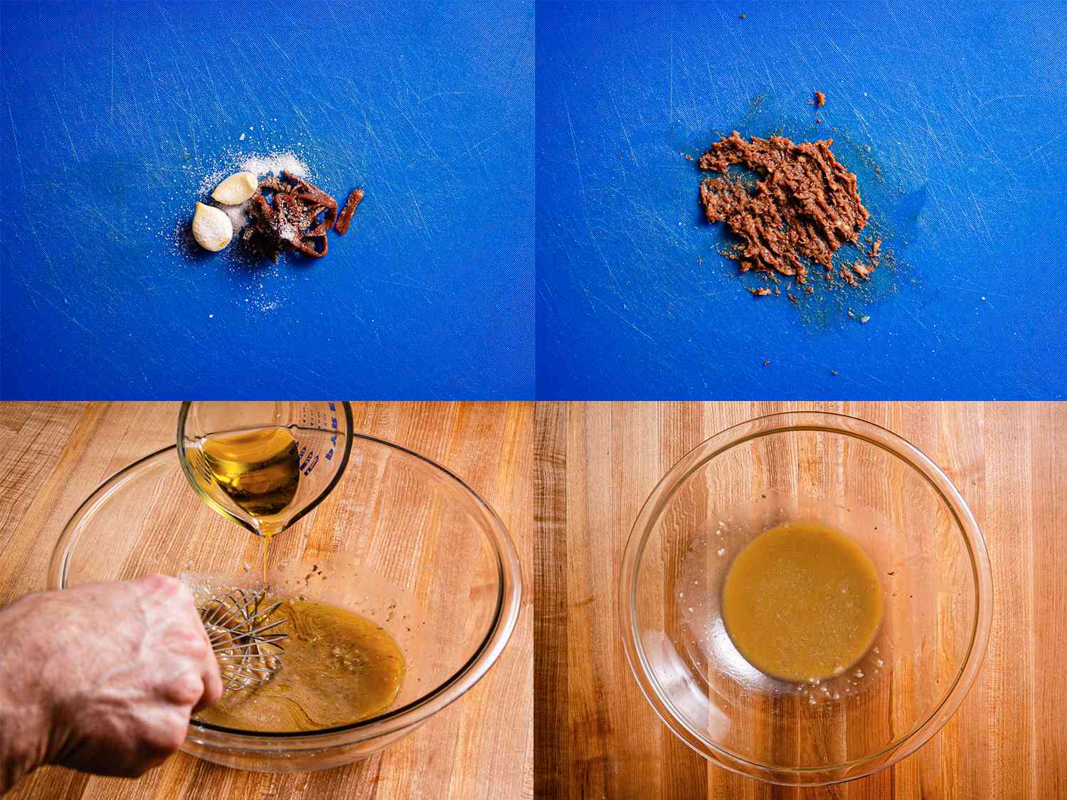 Four image collage of dressing being made for Punterelle salad with anchovies, salt, and garlic on a blue cutting board, mashed with a knife, oil being whisked into a the mixture and finished dressing.