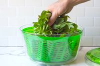 a person placing greens in the zyliss spinner