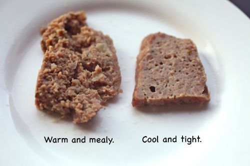 Labeled image showing difference in texture of meat depending on temperature when blended.