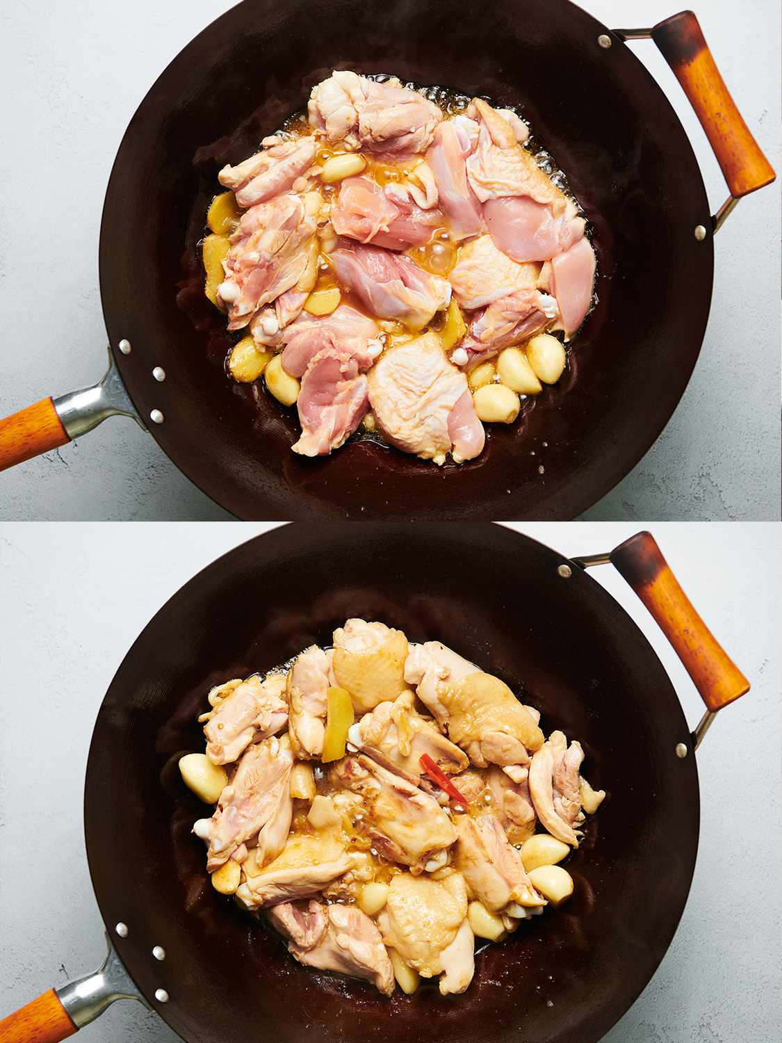 A two-image collage showing the chicken being cooked in the wok.