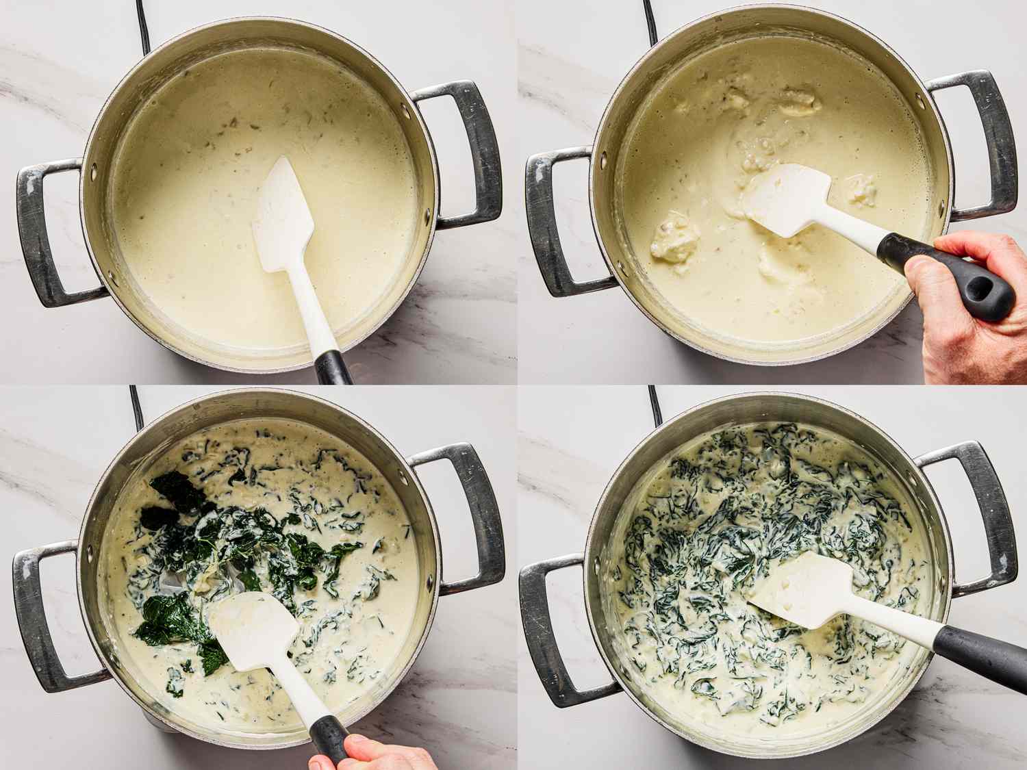 Stepbystep preparation of creamed kale in a saucepan showing stages of stirring cream and mixing in kale