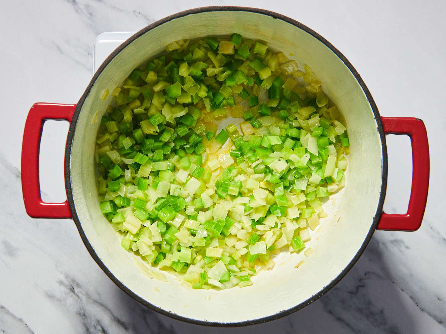 Overhead view of celery in pot