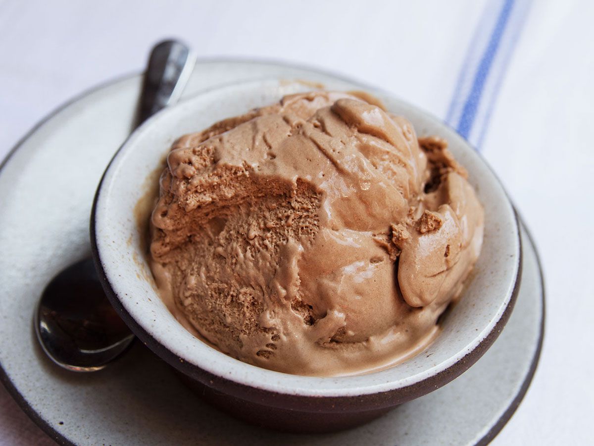 Closeup of chocolate frozen custard, served in a bowl.
