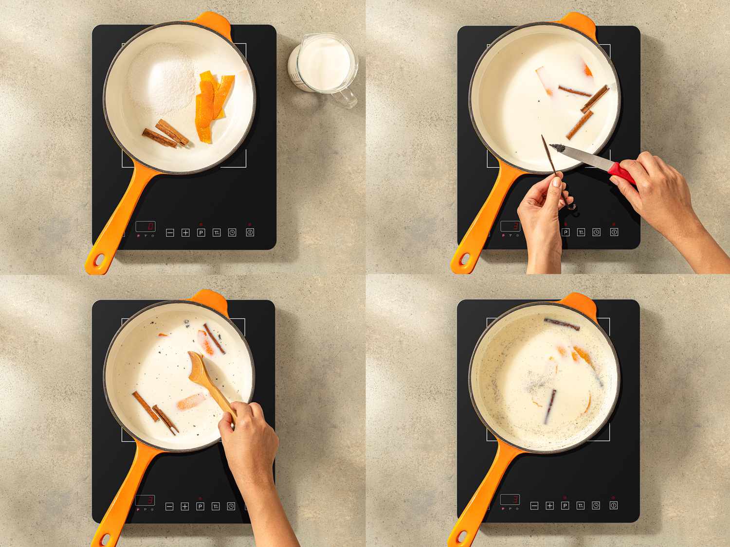 Four image collage of falvoring milk mixture for pudding