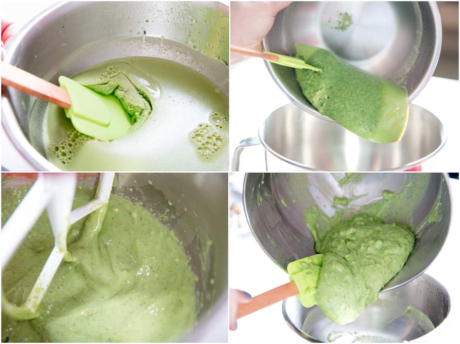 Collage of beating the chilled mousse base and smearing it with a spatula to remove any lumps.