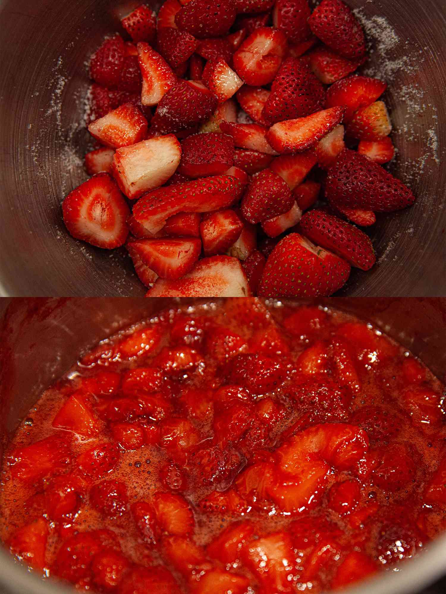 Two image collage of making strawberry compote