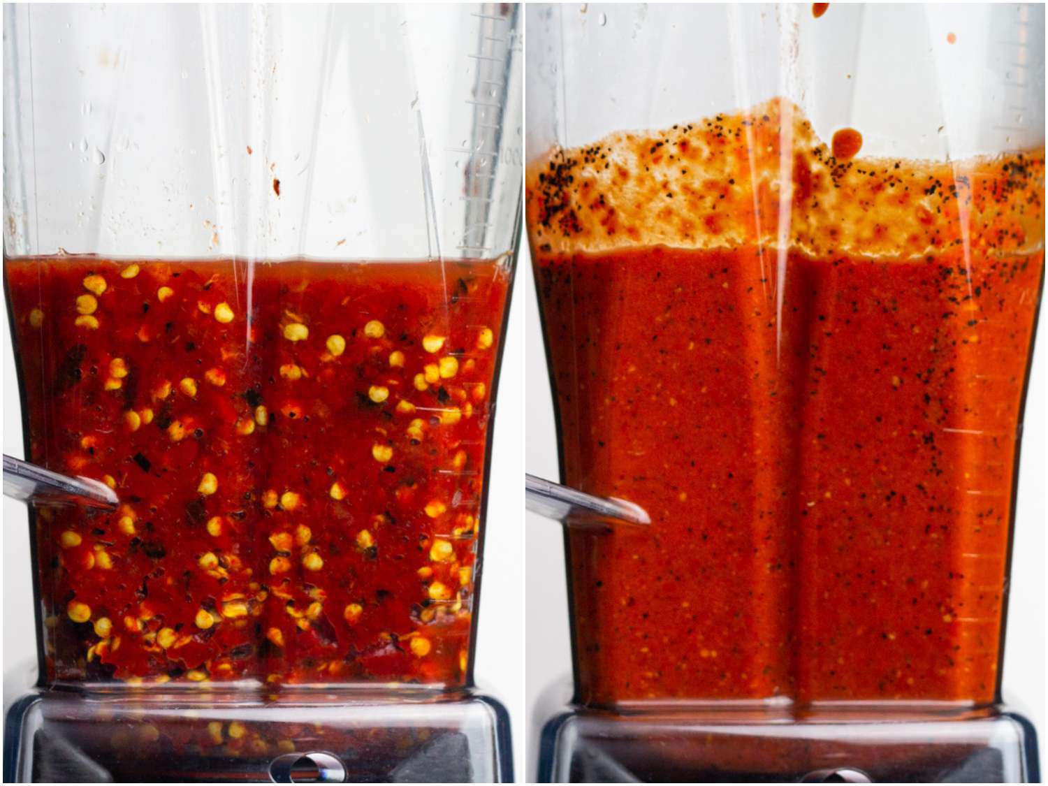 Side-by-side images of fermented hot sauce before and after it's pureed in a blender.