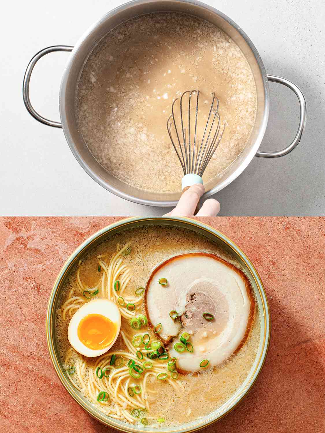 A two-image collage. The top image shows the pot of strained broth with finely chopped fat back being whisked into it. The bottom image shows the composed bowl of ramen sitting on a counter.