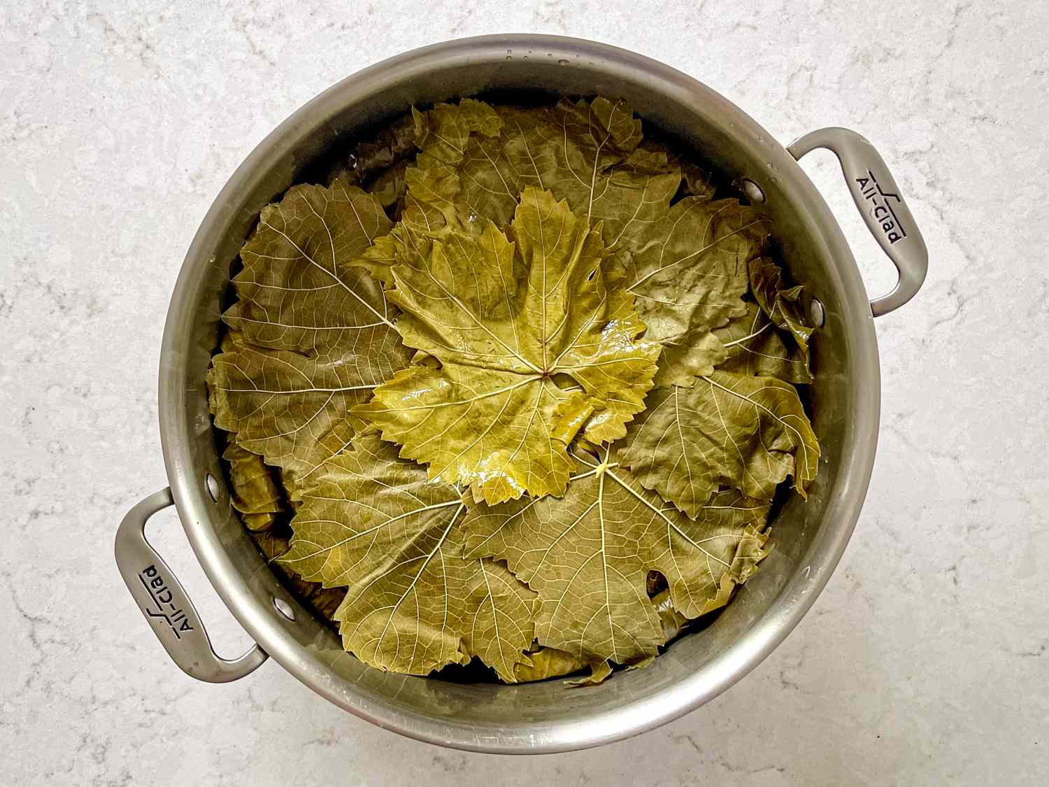 Grape leaves placed in a second layer over rolled grape leaves