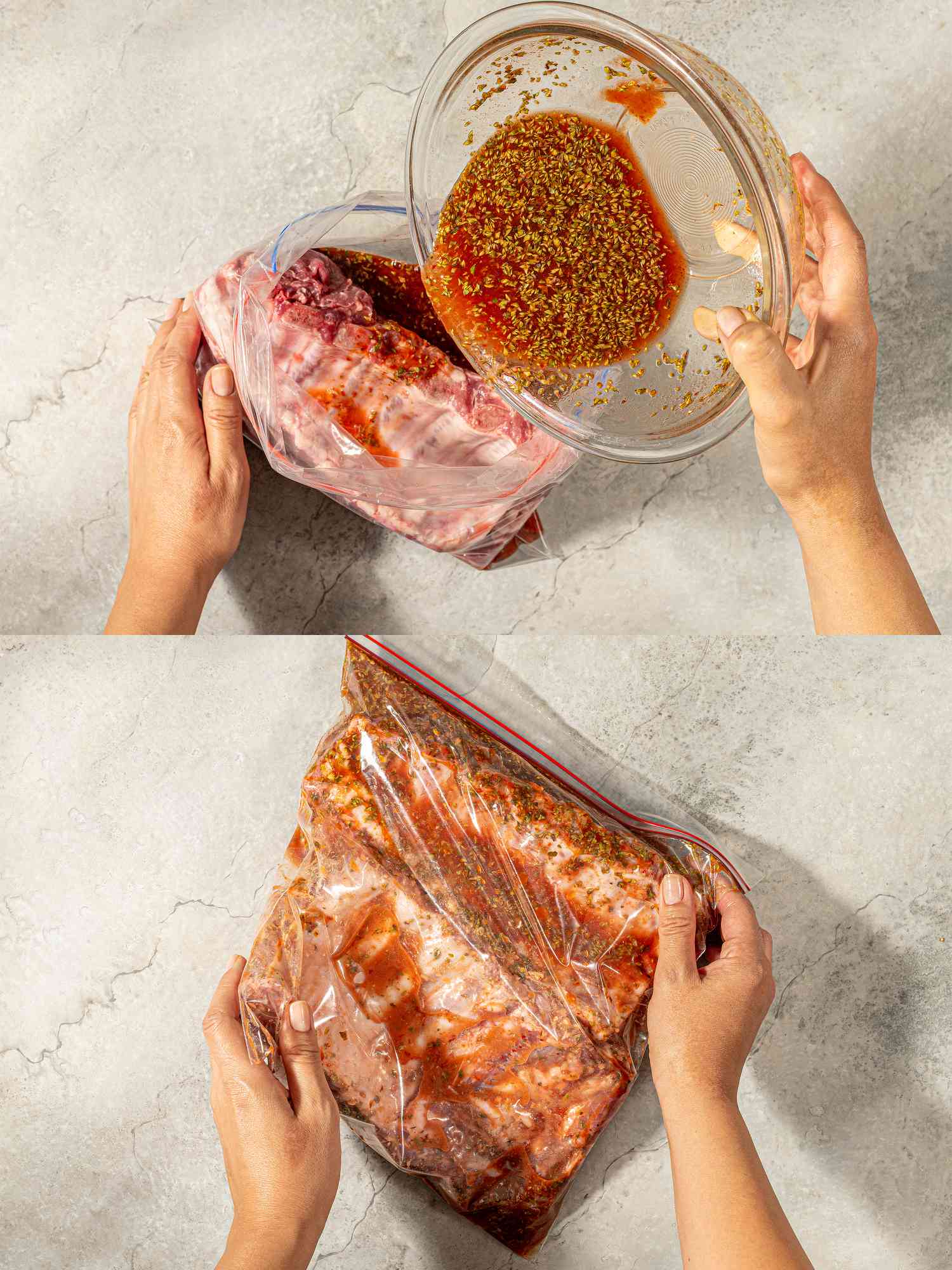 Two image collage of adding marinade to bag with ribs and shaking for even distribution 
