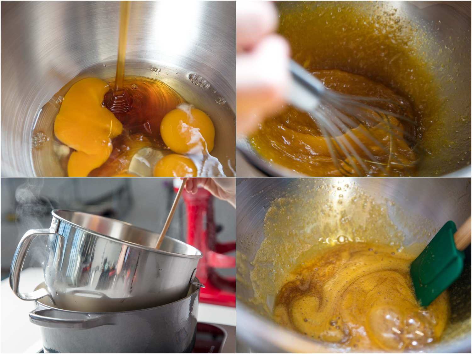 A 4-image collage: combining eggs, honey, and salt in a mixing bowl and whisk until combined then warming the mixture in a water bath, stirring with a spatula. 