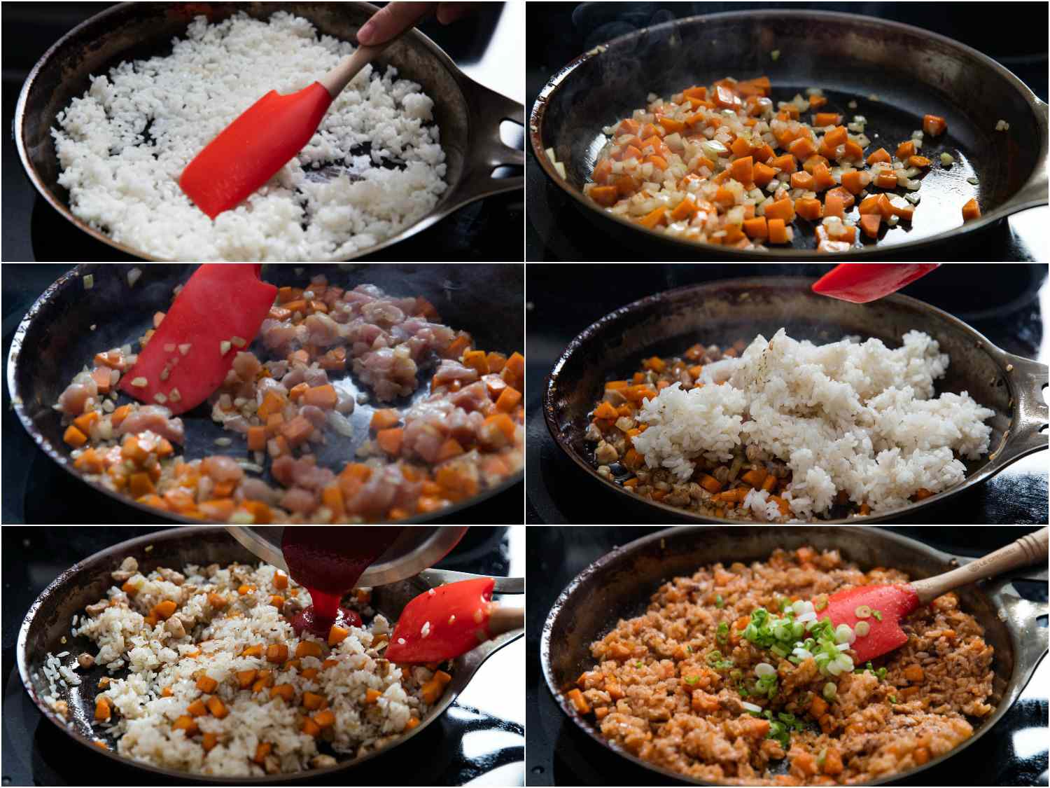 Collage of making ketchup omurice with chicken: adding rice to skillet, sautéing vegetables and chicken, combining them with rice, stirring in sauce.