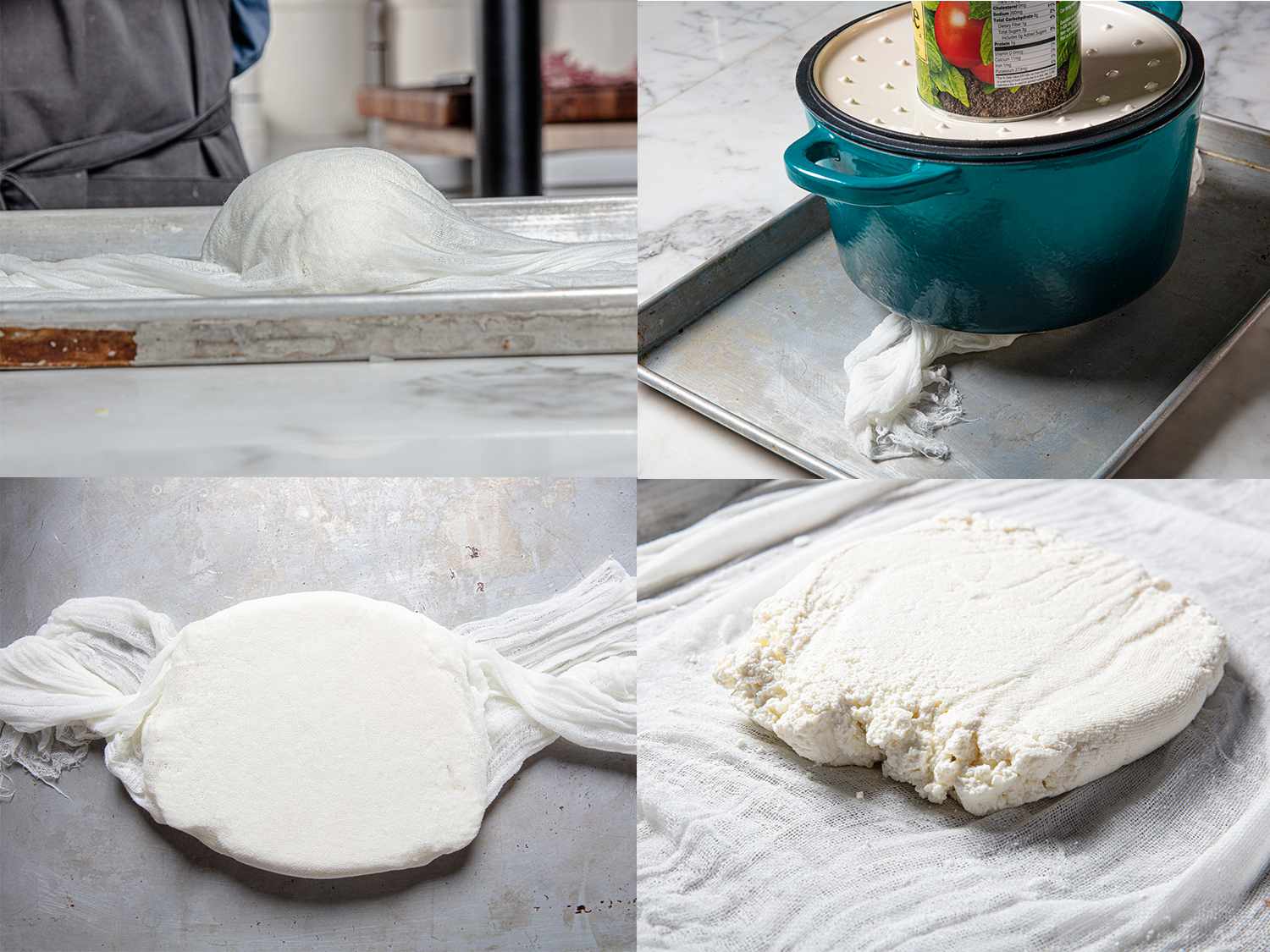 Four Image Collage. Clockwise from top right: strained cheese cloth on pan; cheese being flattened with a dutch oven and can of tomatoes; flatten cheese cloth; open cheese cloth showing fresh paneer block.