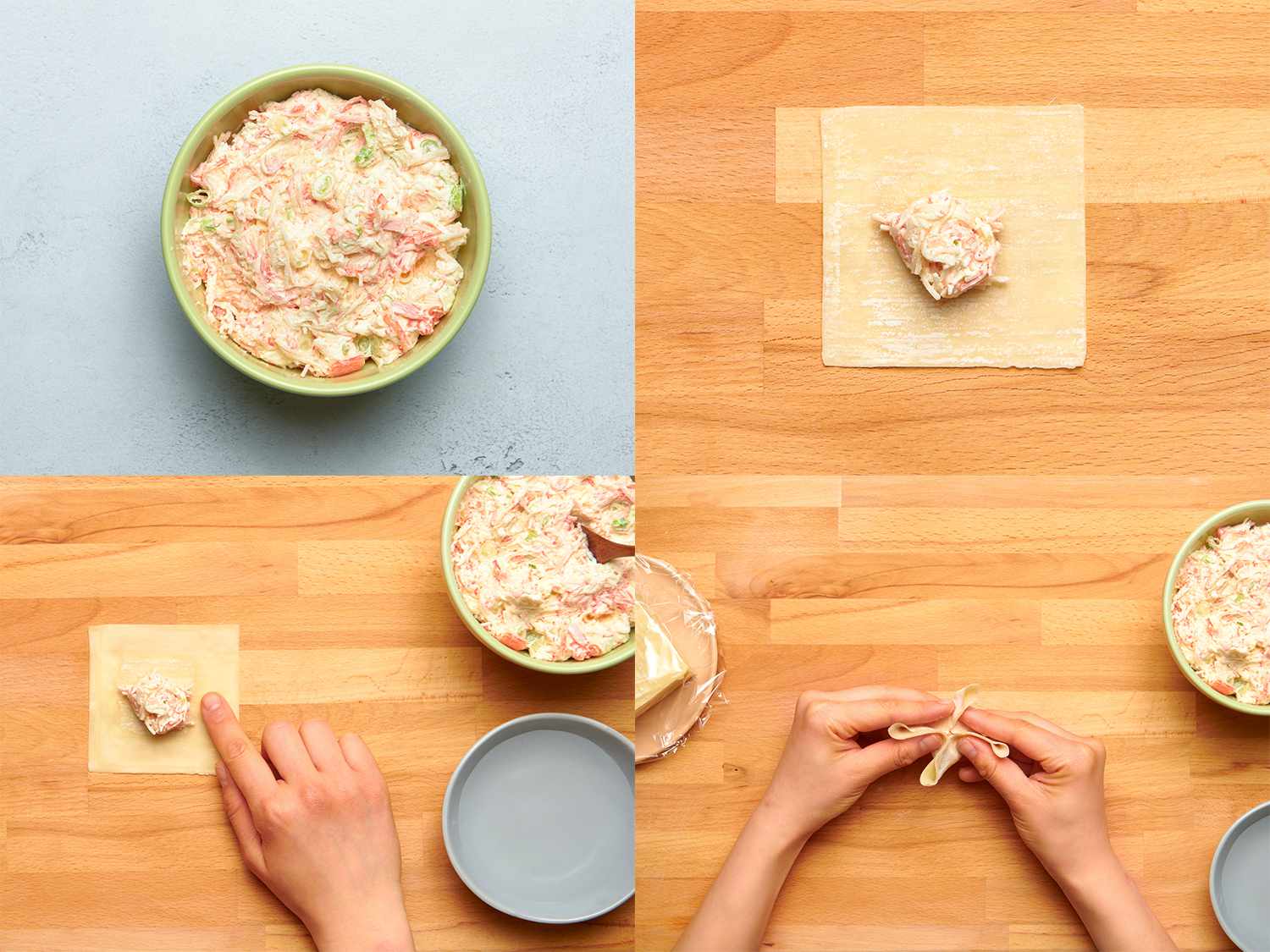 A four image collage showing the crab rangoons being assembled. Top left: Cream cheese, crab, and scallions combined inside a medium bowl (after folding). Top right: Small amount of filling (about 1 Â½ teaspoons) placed in the center of a wonton wrapper laid out on cutting board. Bottom left: Moistening the edges of a wonton with a dollop of filling on it using a wet fingertip. Bottom right: Pushing the four edges of a filled wonton in towards the center to create a four-pointed star.