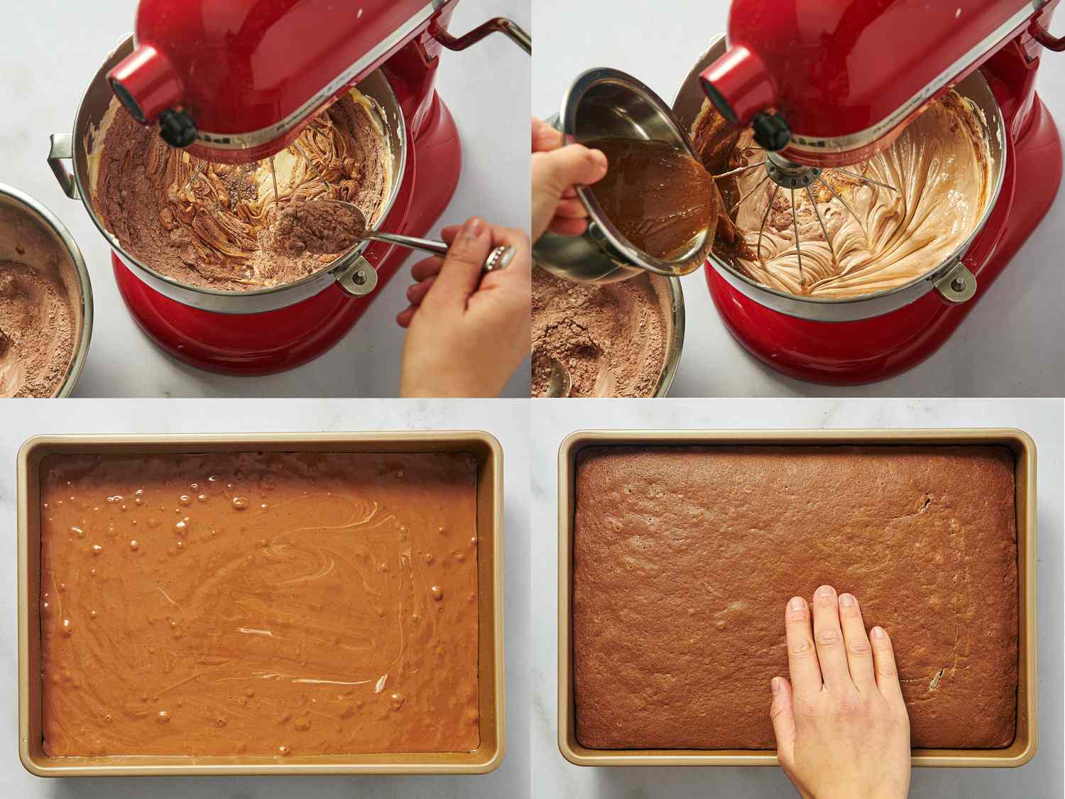 Four image collage of making cake batter and cooking in pan