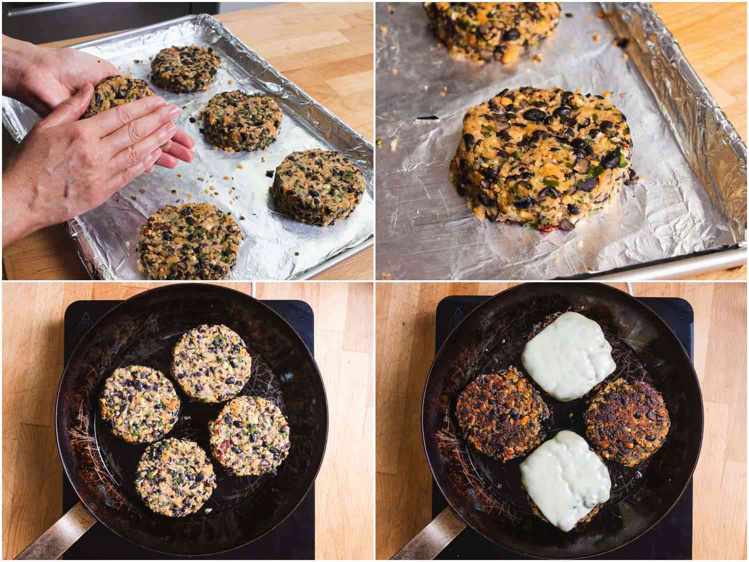 Collage showing forming black bean patties and cooking them in a skillet.