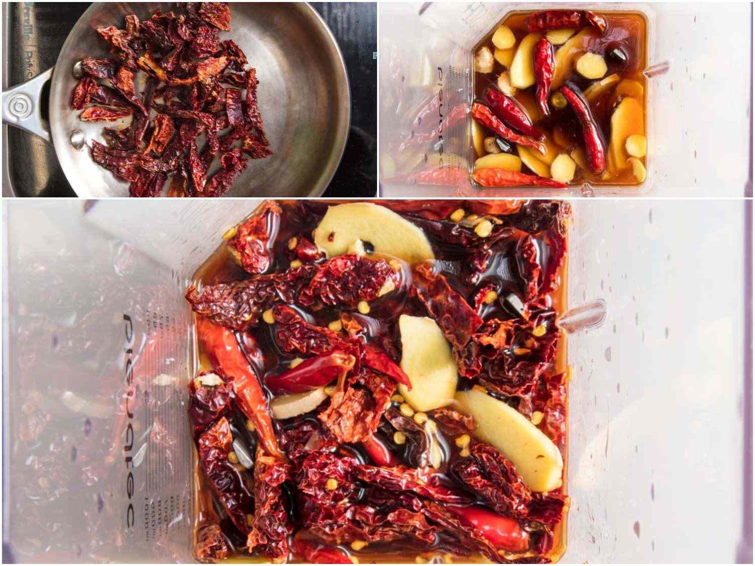 A three image collage showing toasting chilies, blending chilies with ginger, tamarind, and palm sugar.