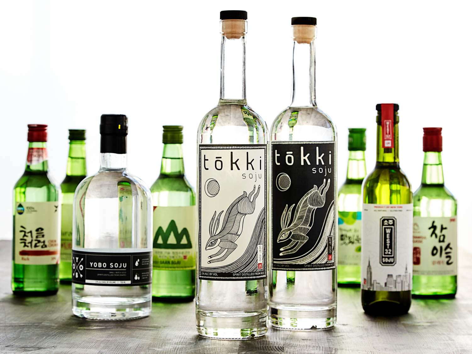 An array of different bottles of soju