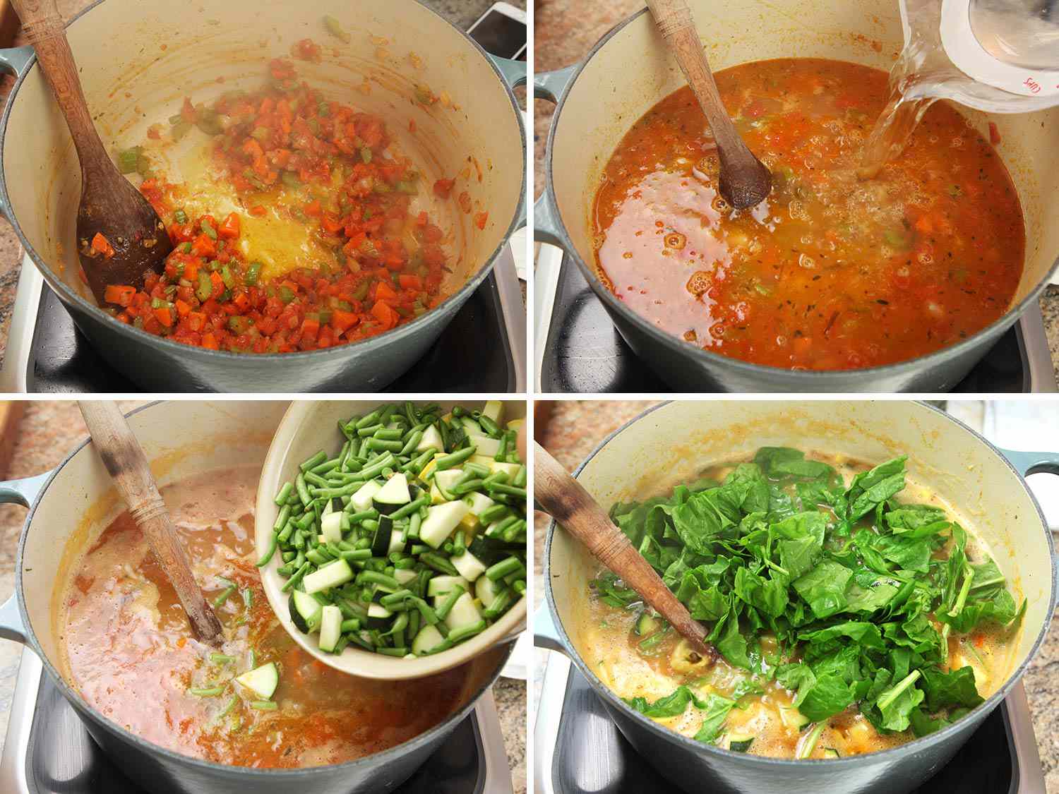 A four-image collage. The top left image has cut vegetables cooking in a pot and being stirred by a wooden spoon. The top right image shows liquid being poured into the vegetable mixture. The bottom left image shows a bowl of chopped green beans and zucchini being poured into the vegetable mixture. The bottom right image shows leafy greens being added to the top of the vegetable mixture.