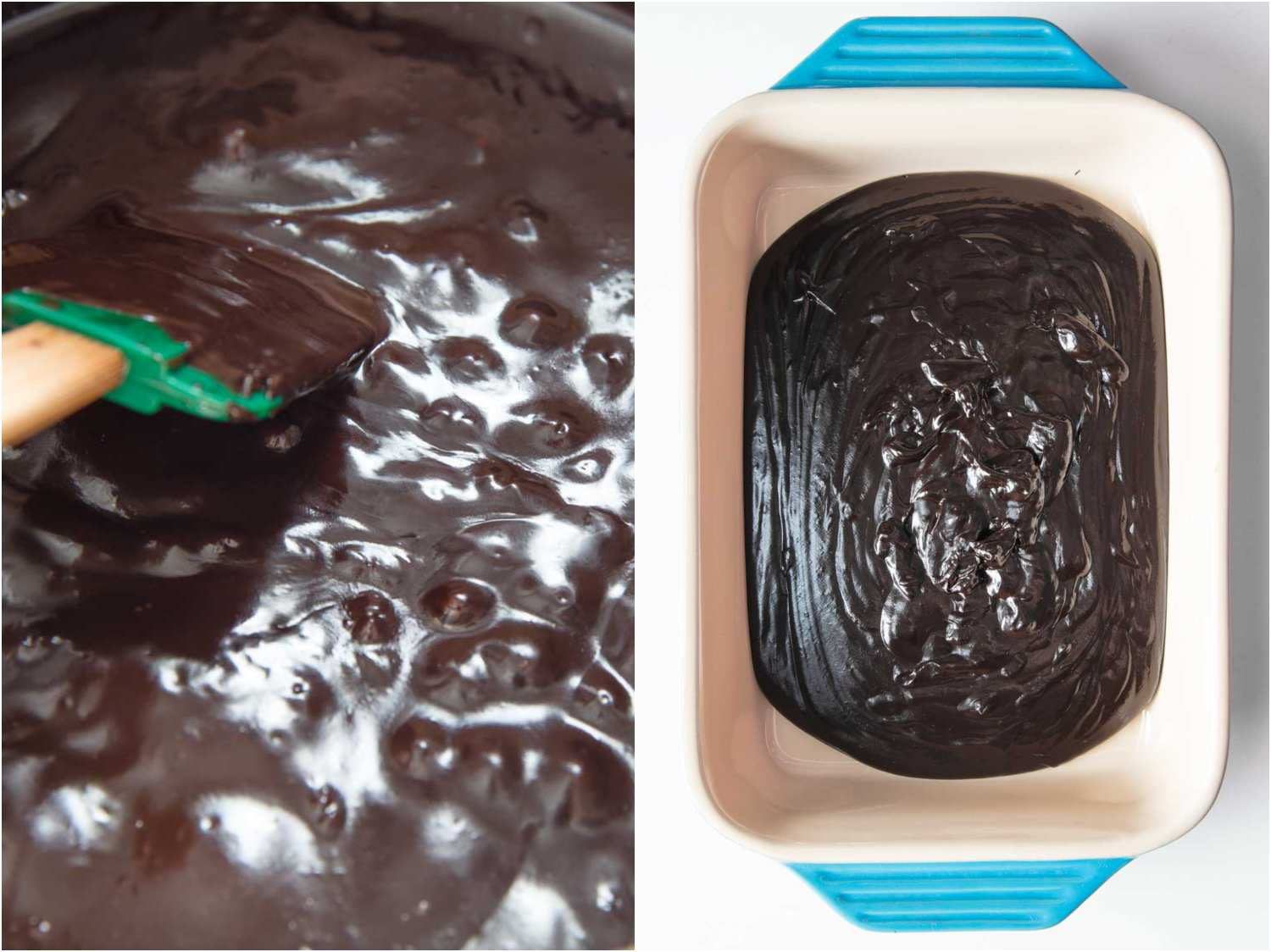 Reducing a thick, glossy, chocolate pudding–like base for chocolate frosting on the stovetop; chocolate base poured into a ceramic baking dish to cool