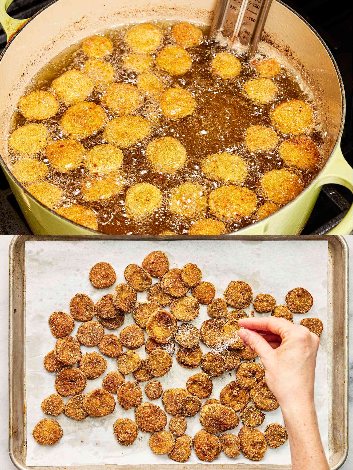 2 image collage. Top: Frying pickles in large pot of heated oil with thermometer. Bottom: Seasoning fried pickles that are draining on a paper towel lined pan.
