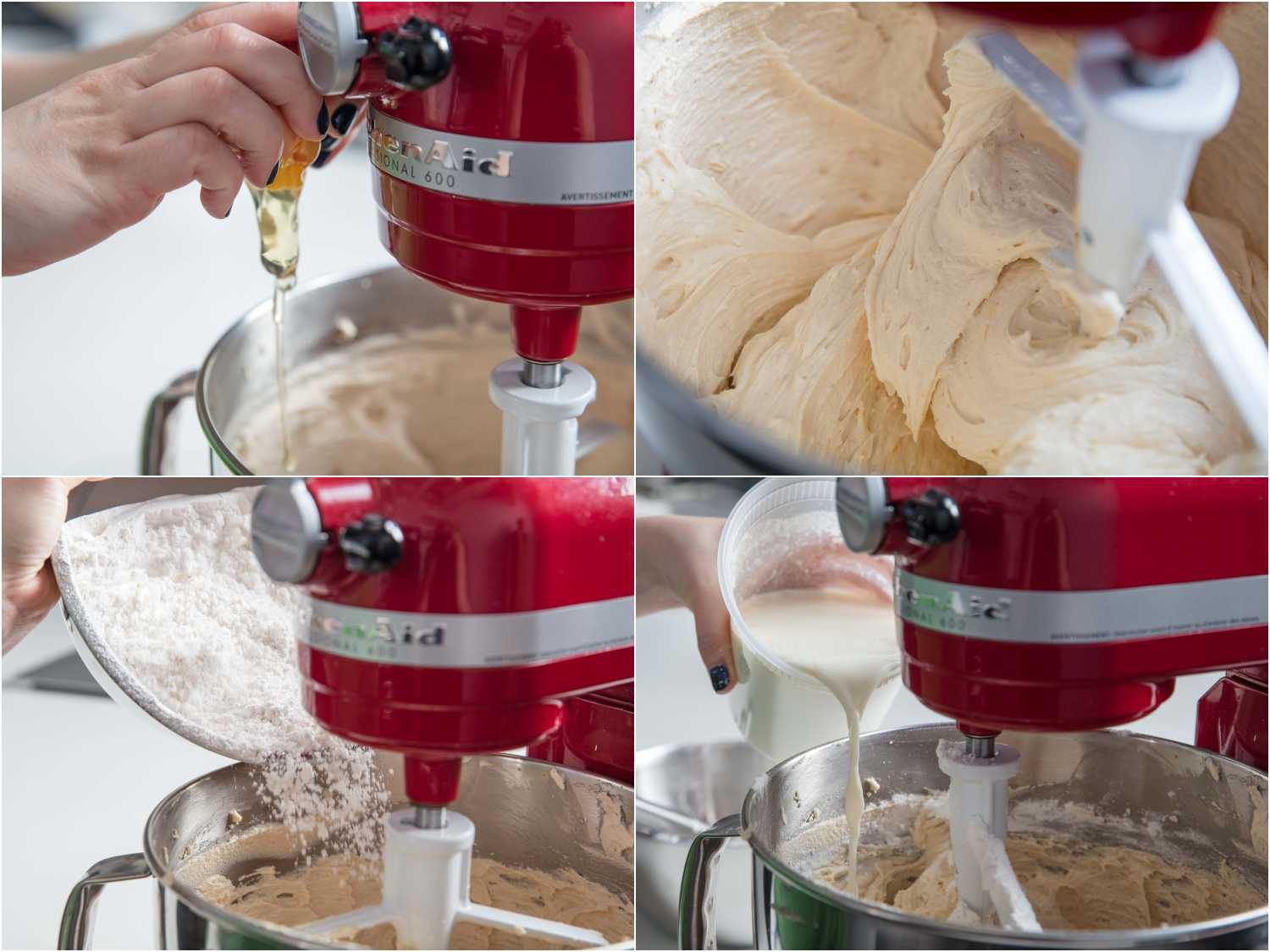 Collage of finishing the cake batter with eggs, flour, and milk.