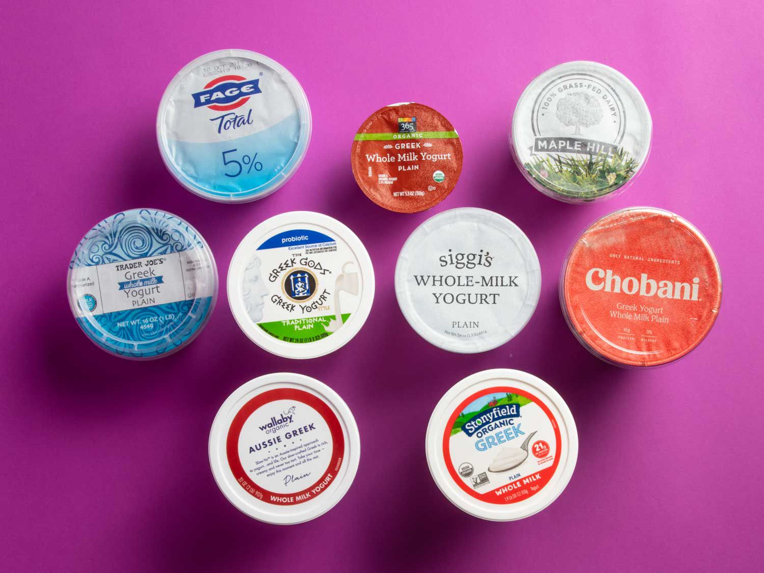Overhead photo of nine different Greek yogurts.