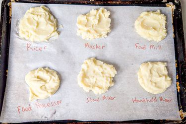 Six portions of mashed potatoes labeled by preparation method on parchment paper
