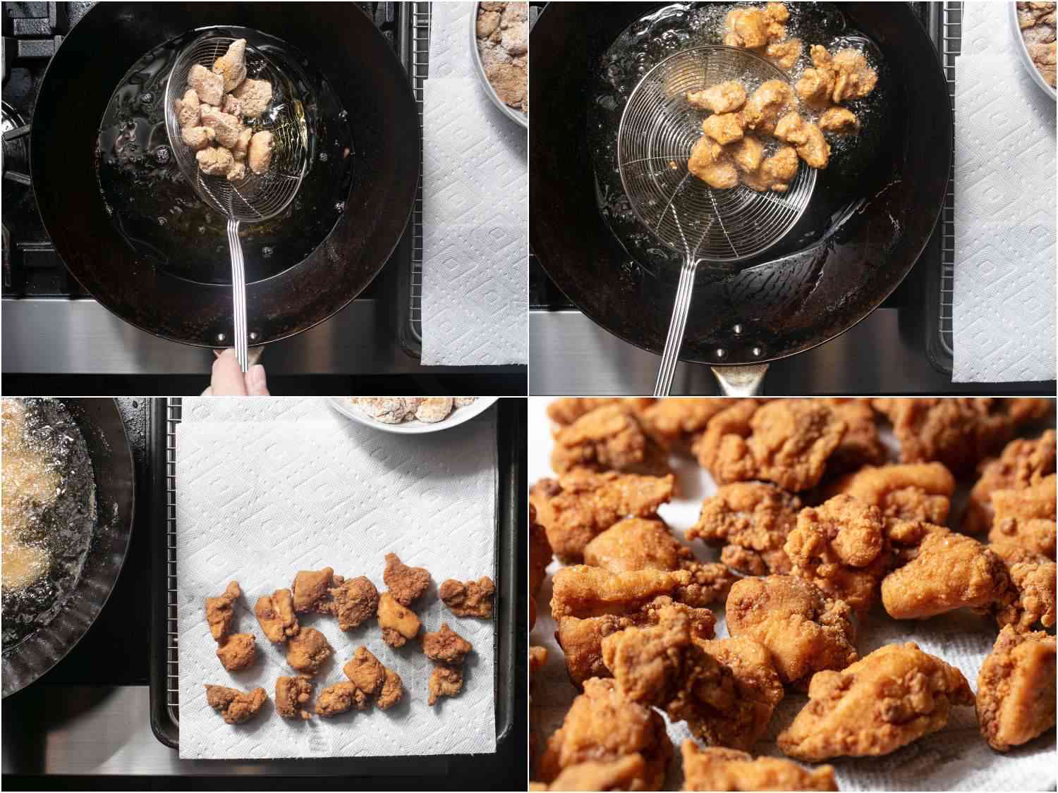 A collage: lowering chicken pieces into oil, taking them out with a metal spider, blotting them on a paper towel-lined baking sheet and close up of fried chicken pieces. 