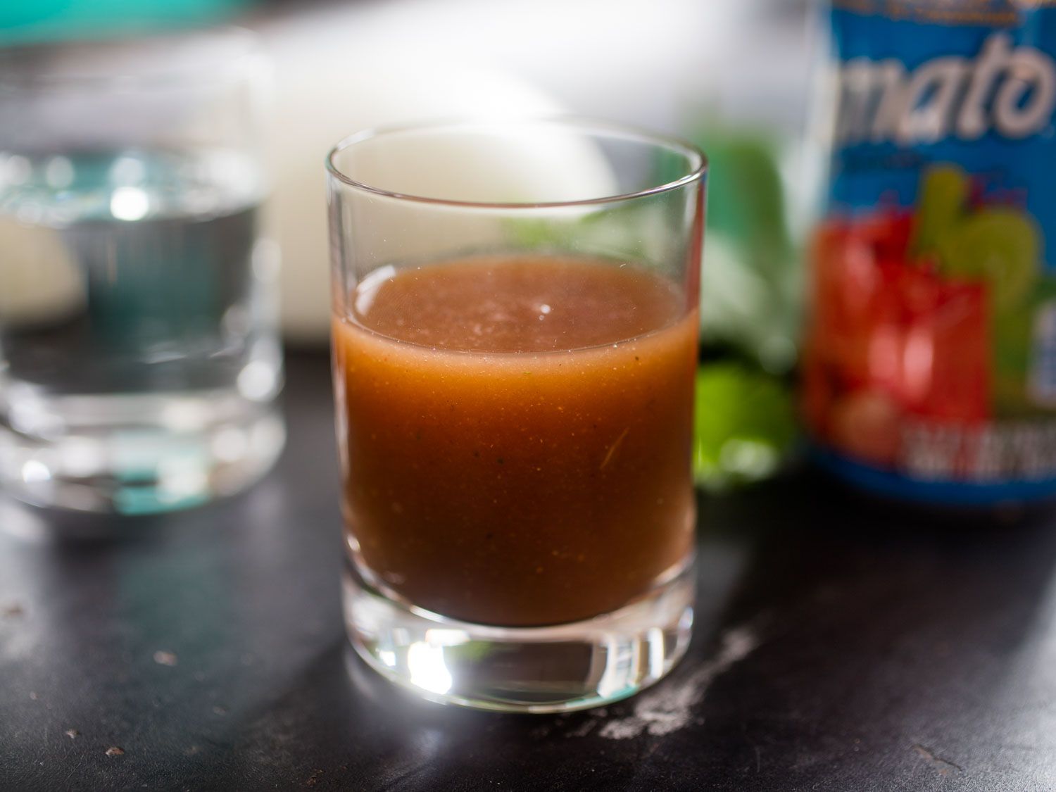 A shot of Clamato, jalapeño, and coriander sangrita