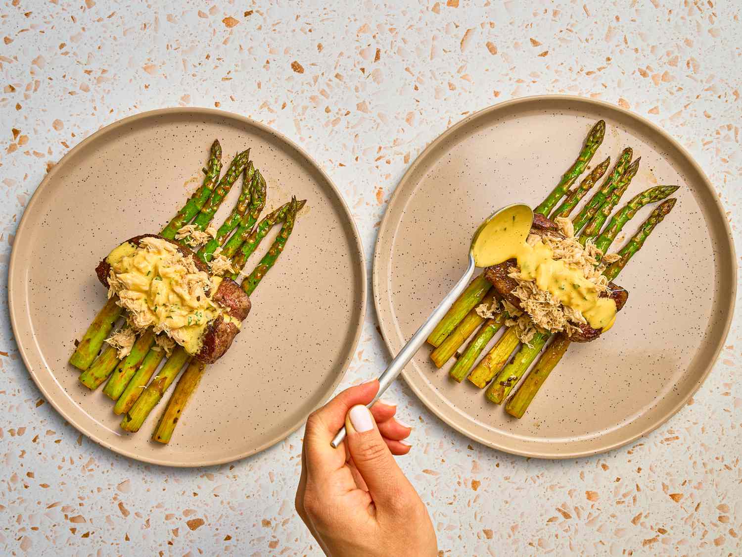Overhead view of plating steak oscar