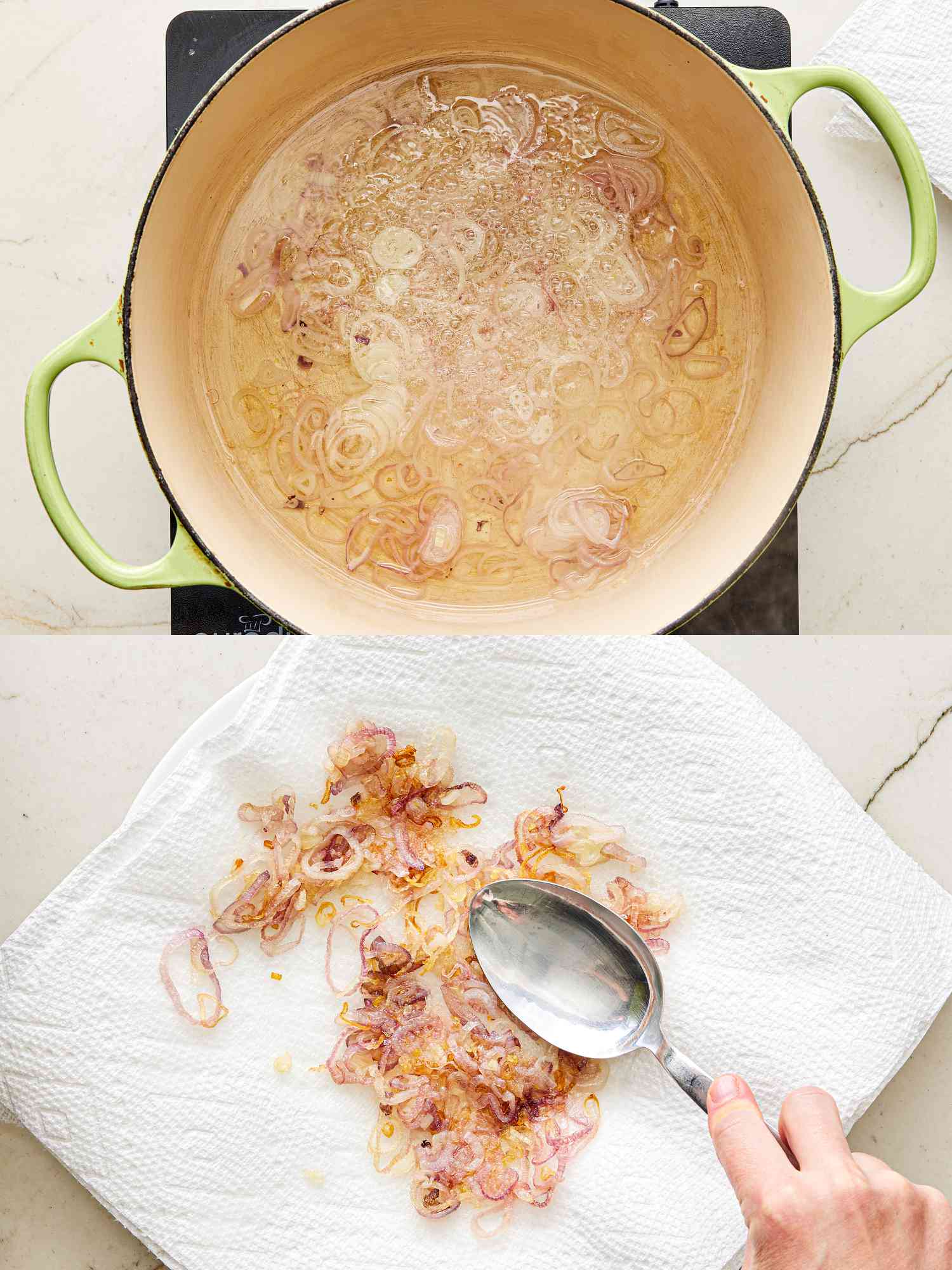 A two-image collage: The top image shows shallots frying in oil in a Dutch oven. The bottom image shows golden browned shallots on a paper towel-lined plate being crushed with a spoon. 