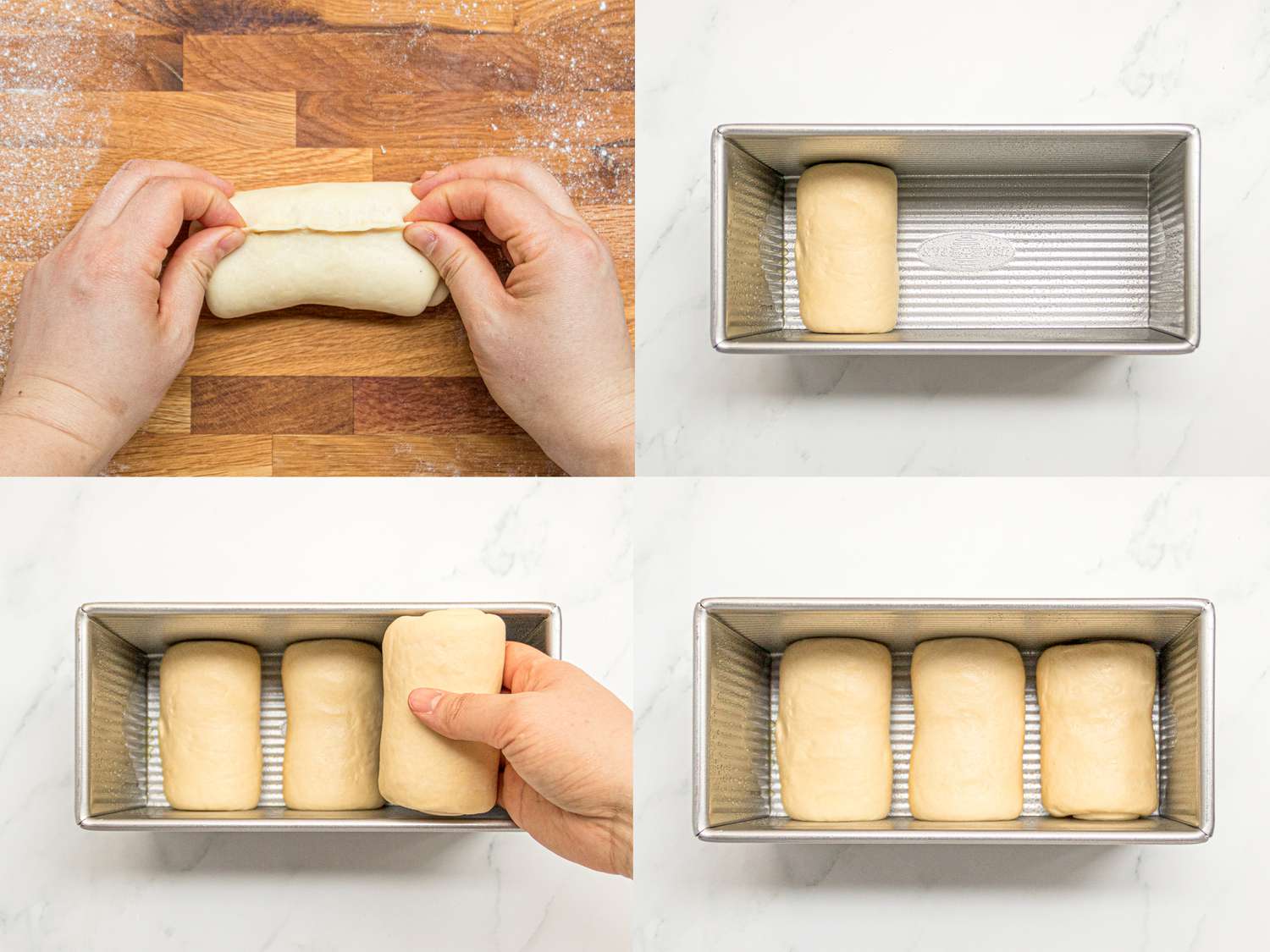 Four image image collage of adding rolls to pann