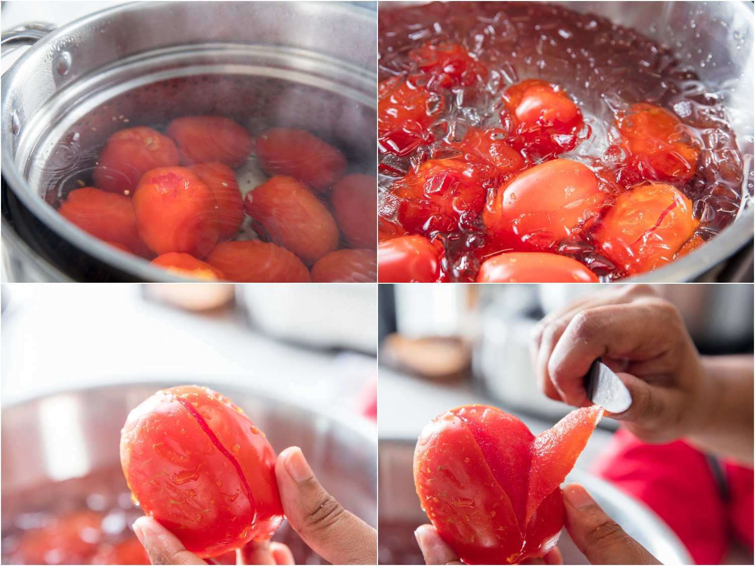 Collage of blanching and peeling tomatoes.